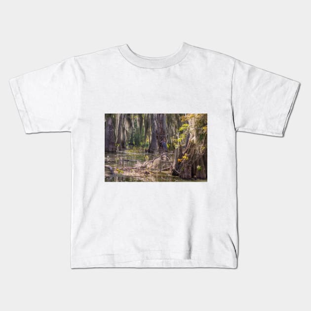 Heron Egret Bird in the Swampy Bayou Kids T-Shirt by SafariByMarisa